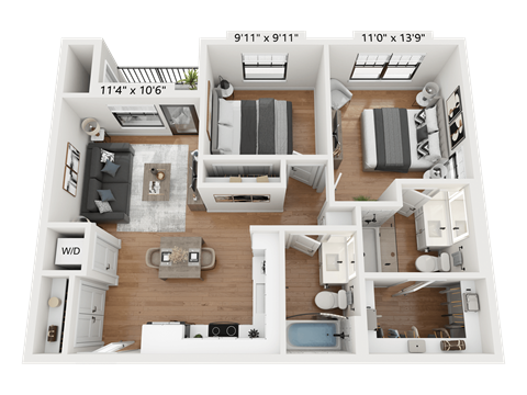 Floor plan for 2 beds, 2 baths, 841 sqft